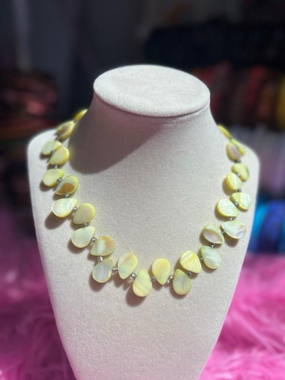 Yellow / minty green mother of pearl shell necklace